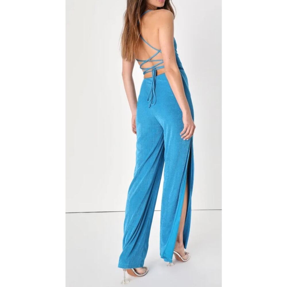 Lulus Med Owning the Vibe lace-up split-leg blue NWT dressy jumpsuit ($65) long - Picture 2 of 7